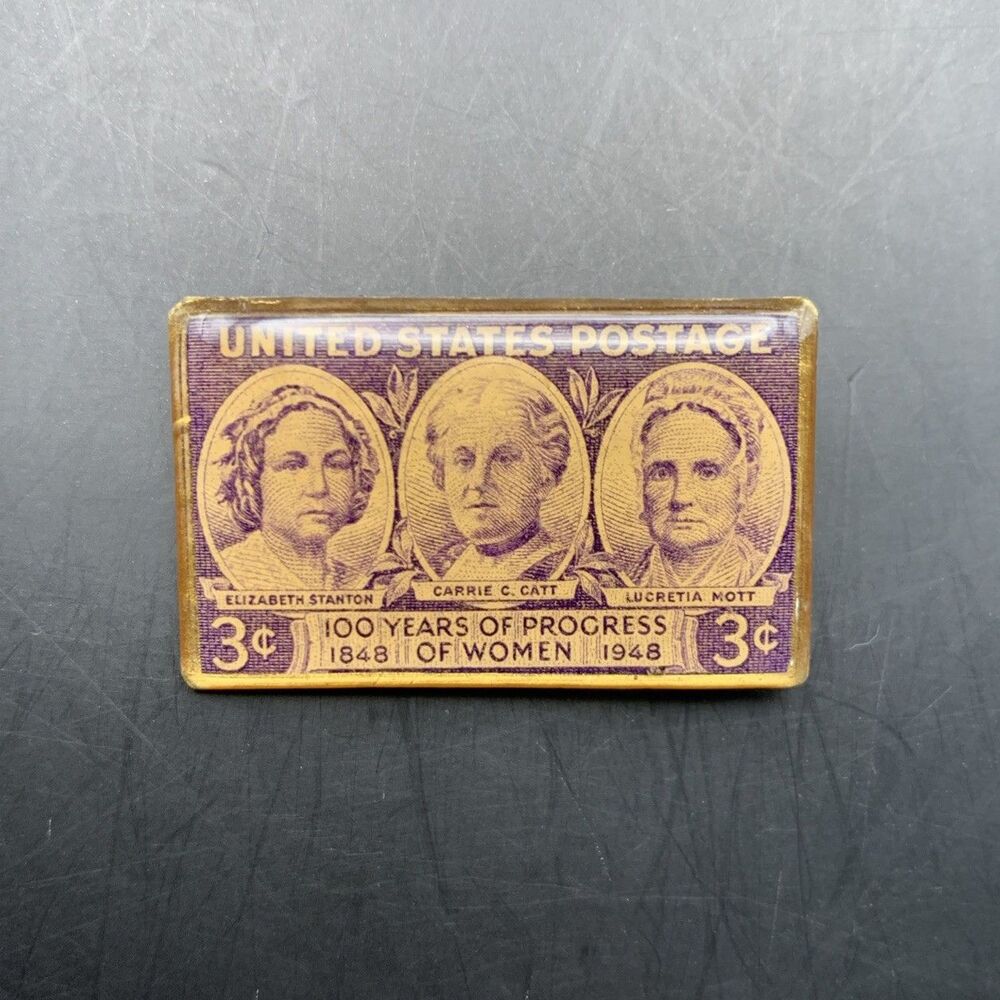 Womens Movement Postage Stamp Pin Brooch 3 Cent 100 Years of Progress Vintage